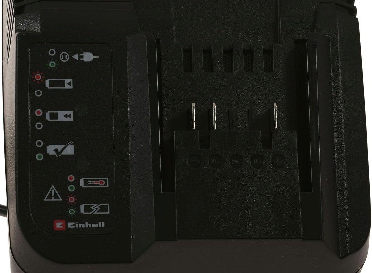 Einhell Akkuladegerät für Werkzeugakkus mit LED Statusanzeige zur Ladestandsüberwachung und Einhell Logo.