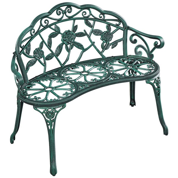 Dekorative Gartenbank aus Gusseisen in Grün mit Rosen-Ornamenten an der Rückenlehne und verzierter Sitzfläche.