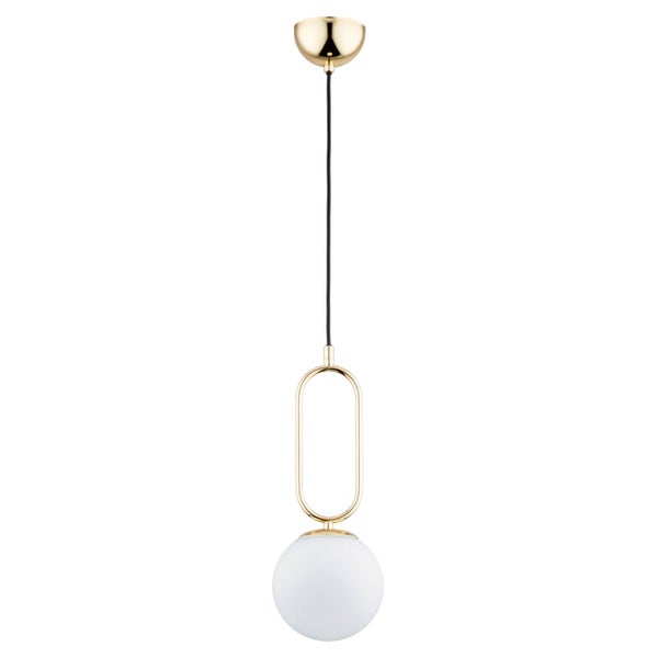 Moderne Pendelleuchte mit ovalem Metallrahmen und einer runden Glaskugel an einem Kabel.