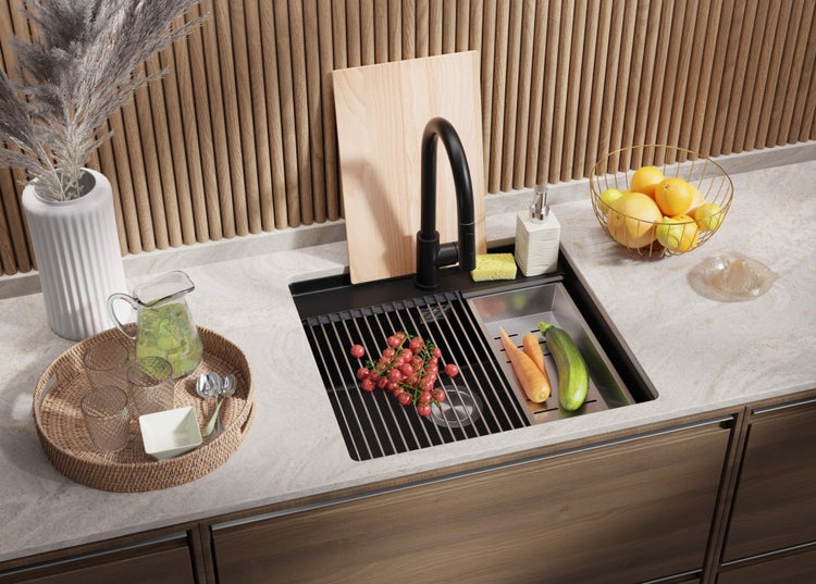PRIMAGRAN Unterbauspüle Granit Weiß 46x47cm, Spülbecken 1 Becken + Küchenarmatur 40x20cm + Ablauf-Set + Aufrollbare Abtropffläche, Granitspüle ab 50er Unterschrank - Praga