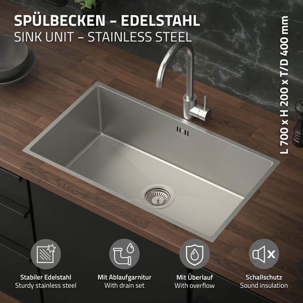 ML-Design XXL Spülbecken Edelstahl 70x40 cm, Küchenspüle Rechteckig, 1 Becken, Einbauspüle Unterbauspüle, Edelstahlspüle mit Ab- und Überlaufgarnitur, Einzelbecken mit Siphon, Waschbecken Küche Spüle