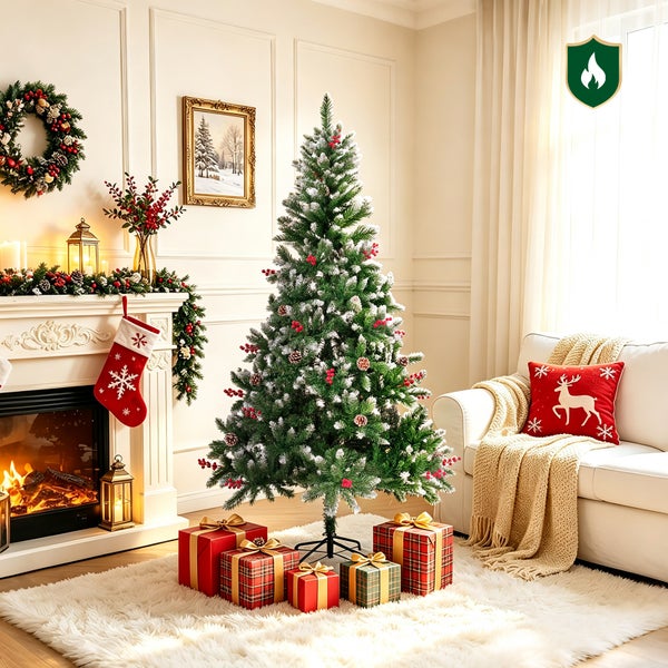 Ein künstlicher, verschneiter Weihnachtsbaum im weihnachtlich dekorierten Wohnzimmer mit Kamin, Geschenken und flammhemmendem Zertifikat.