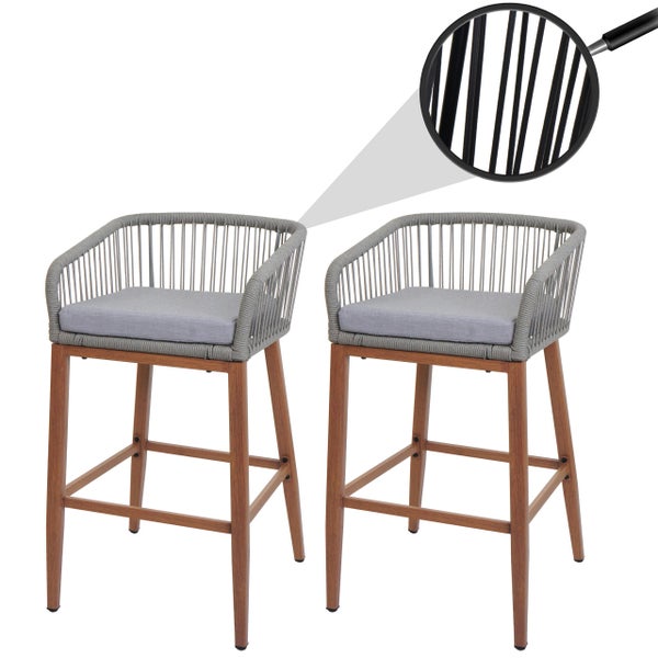 Zwei Barhocker mit Armlehne, Seilbespannung und Holzbene