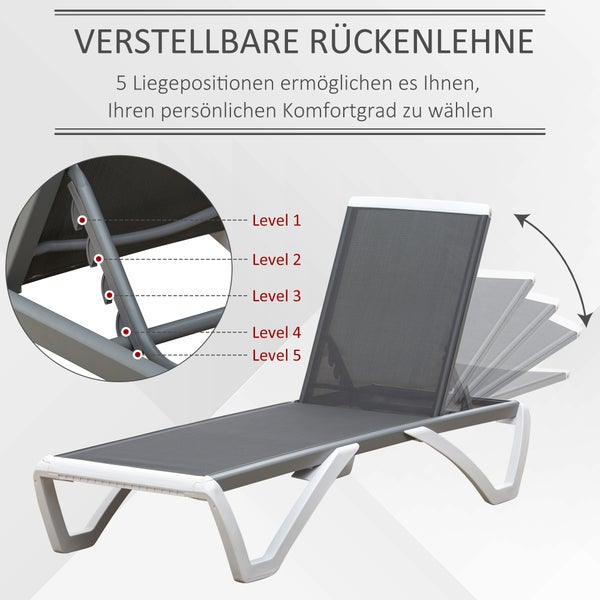 Outsunny Gartenliege, 5-fach verstellbar, ergonomisch, 170 x 67,5 x 95 cm, Alu, Texteline, Grau+Weiß