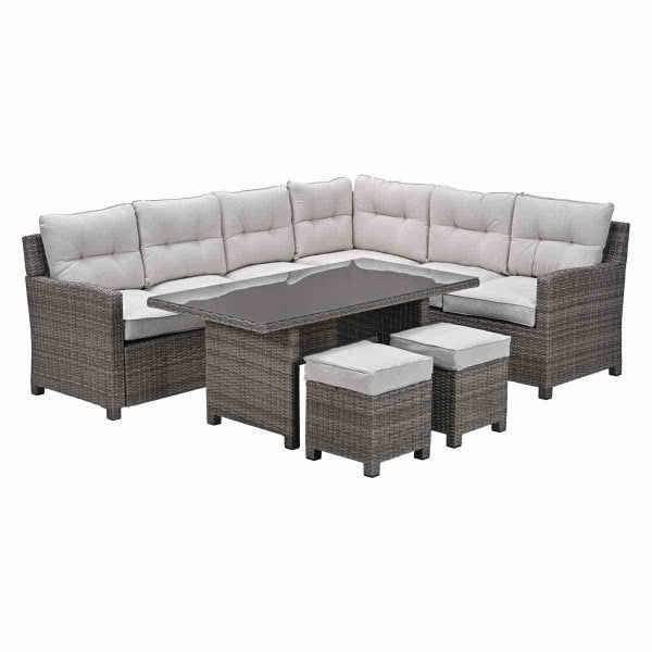Garten-Lounge-Set aus grauem Polyrattan bestehend aus Ecksofa, Tisch mit Glasplatte und zwei Hockern inklusive hellen Polstern.