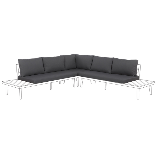 Gartenlounge mit grauem Polster und Holztisch