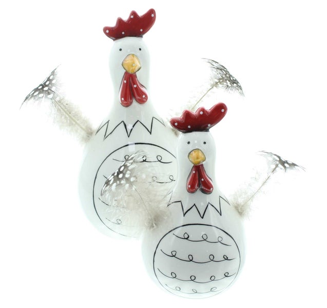 FRANK FLECHTWAREN | Huhn Federn, 2er Set, PORZELLAN, 7 x 7 x 12,5 cm, 9 x 9 x 16,5 cm