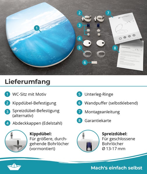 Calmwaters® WC Sitz Motiv Meeresglanz einfache Montage, Toilettendeckel bis 250 kg, Made in EU, antibakterieller Duroplast, Absenkautomatik, 2 Montage Optionen, abnehmbar, Klobrille, oval