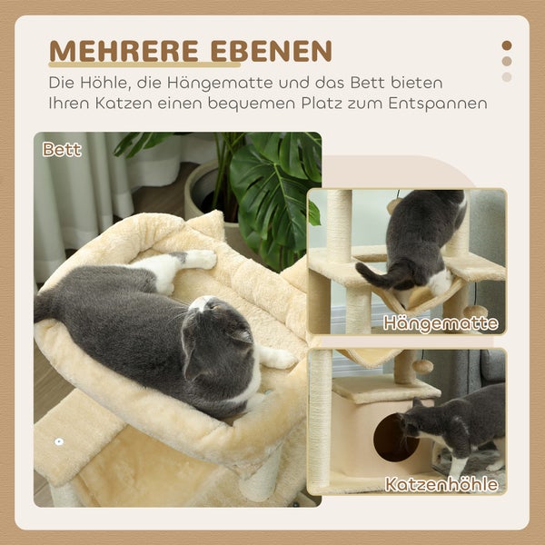 PawHut Katzenbaum 90 cm Kratzbaum mit Hängematte Spielbaum Katzenhöhle Plattformen Kletterbaum Katzenkratzbaum Aktivitätskratzbäum Plüsch Sisal Creme
