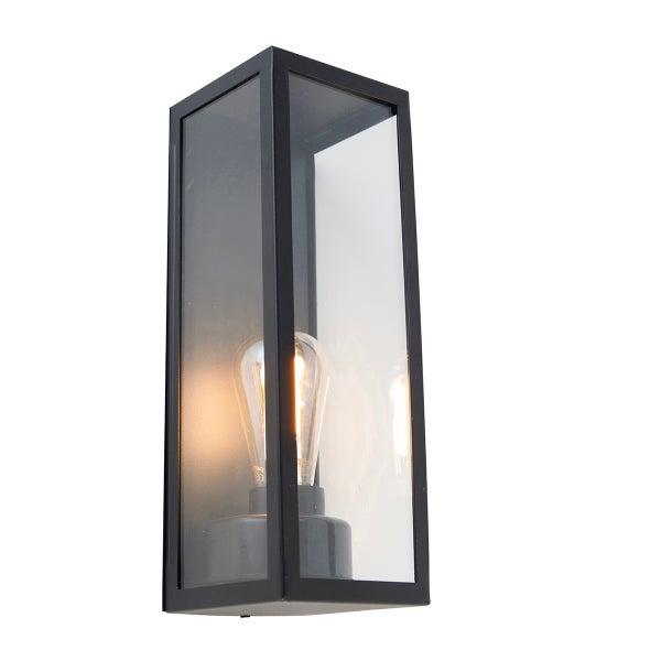 Rechteckige Außenwandleuchte aus schwarzem Metall und klarem Glas mit sichtbarem Leuchtmittel im Vintage-Stil.