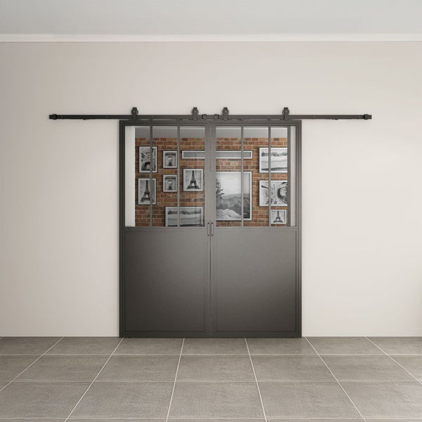Loftschiebetür Komplettset Doppelflügelig 1550x2065mm aus Stahl in schwarz mit Glaseinsatz