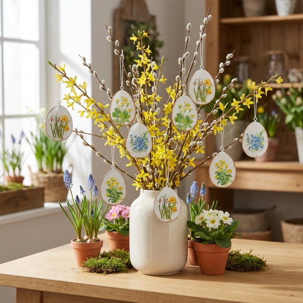 Osterstrauß aus Forsythienzweigen und Weidenkätzchen in einer weißen Vase, geschmückt mit bemalten Ostereiern mit Blumenmotiven auf einem Holztisch.