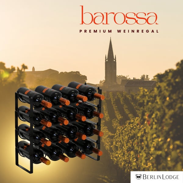 Schwarzes Weinregal aus Metall für 16 Flaschen vor einem Weinberg-Hintergrund mit Barossa-Logo.