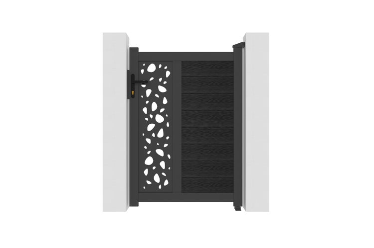 Gartentor mit modernem Design aus Metall und Holzoptik Elementen, inklusive Schloss und Griff zwischen zwei Pfosten
