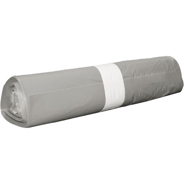Rolle grauer Müllsäcke aus Kunststoff mit weißer Papierbanderole.