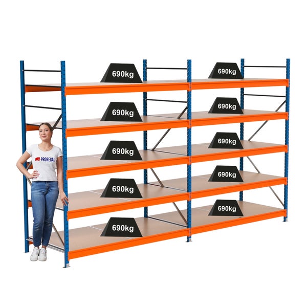 Lagerregal mit mehreren Ebenen und einer Traglast von 690 Kilogramm pro Ebene.