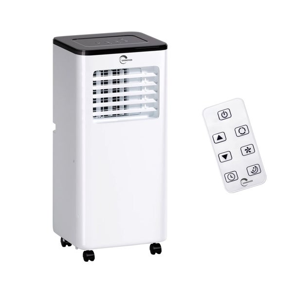 Mobiles Klimagerät Sannover in Weiß mit Fernbedienung, Rollen und Luftauslasslamellen. Sannover Logo.