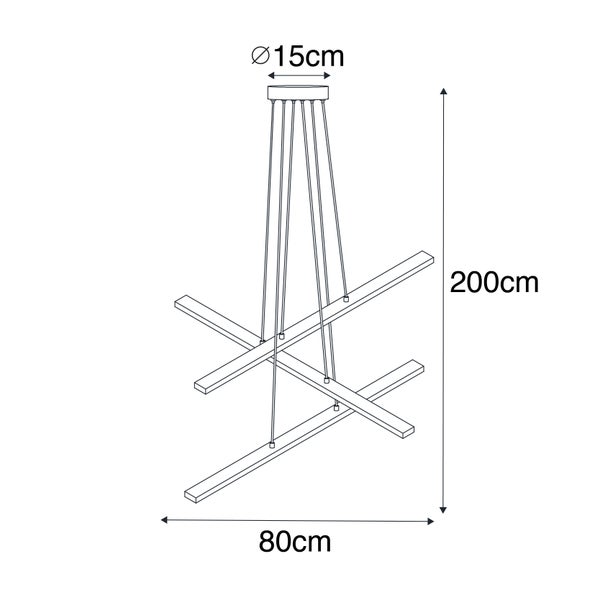 Zeichnung einer Hängelampe mit den Maßen 15 cm Durchmesser Deckenbefestigung, 200 cm Höhe und 80 cm Breite.
