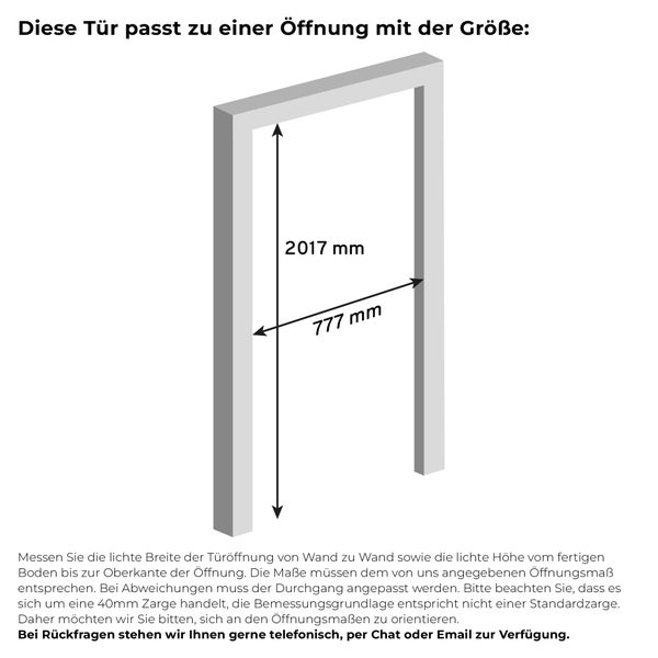 Grafik zur Ermittlung der passenden Türgröße: Erforderliche Öffnungsmaße sind 2017 Millimeter in der Höhe und 777 Millimeter in der Breite.