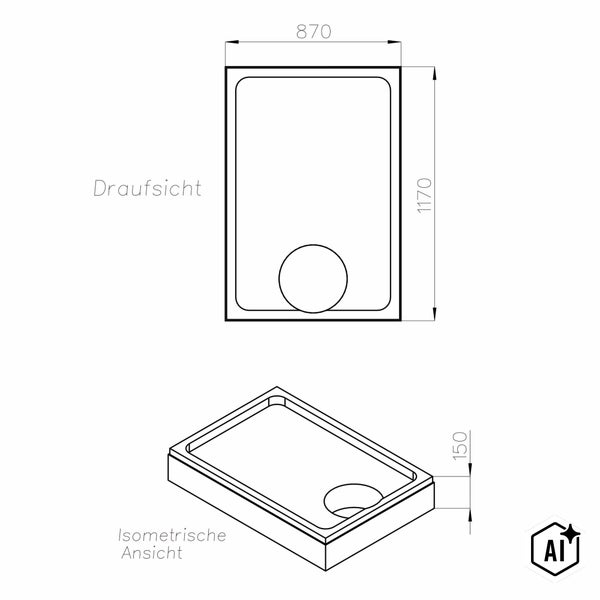 Technische Zeichnung einer rechteckigen Duschwanne mit Maßen 870 mal 1170 Millimeter und einer Höhe von 150 Millimeter in Draufsicht und Isometrie