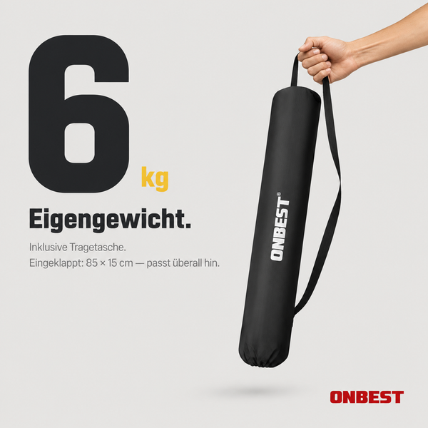 Tragetasche von ONBEST mit 6 Kilogramm Eigengewicht. Maße eingeklappt circa 85 mal 15 Zentimeter. ONBEST Logo.