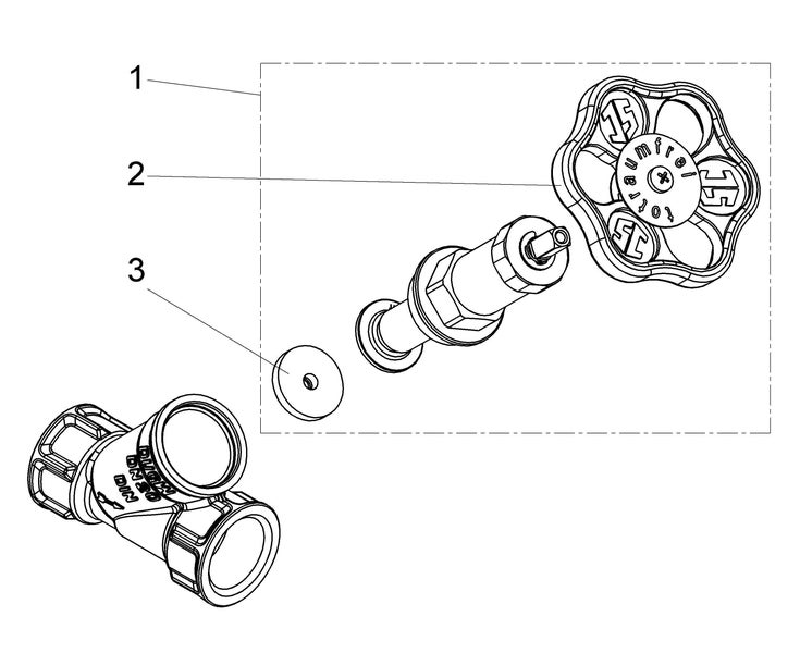 Explosionszeichnung eines Schrägsitzventils mit totraumfreiem Handrad, Ventiloberteil und Dichtungsscheibe.