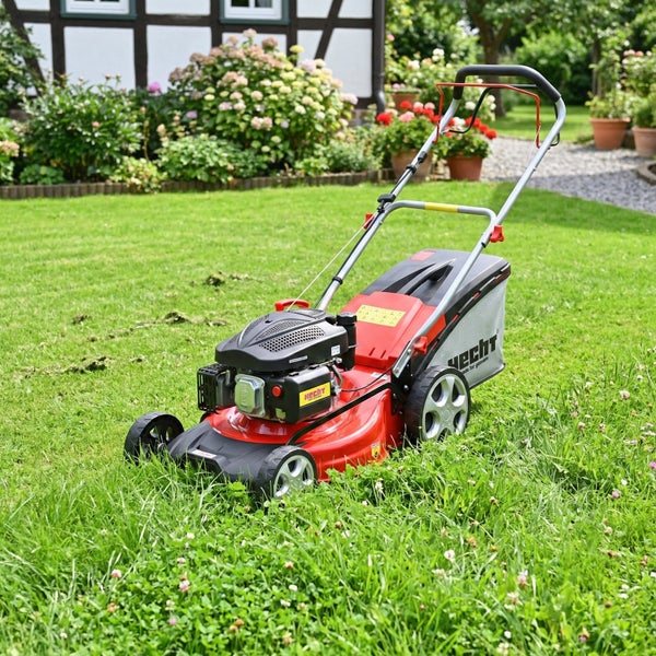 Heller Garten mit einem Hecht Benzin-Rasenmäher mit Fangkorb auf einer Rasenfläche vor Blumenbeeten und einem Haus.