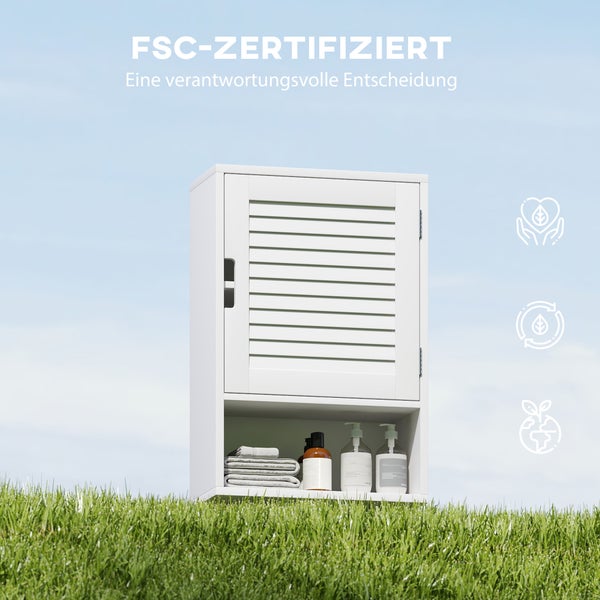 FSC-zertifizierter Badschrank mit Lamellentür und offenem Ablagefach.