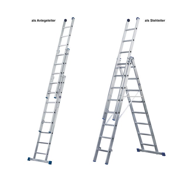 Mehrzweckleiter aus Aluminium, verwendbar als Anlegeleiter und als Stehleiter mit Spreizsicherung.