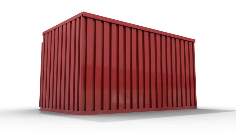 Lagercontainer Gerätehaus L  – 8 qm, H2150 x B4050 x T2170 mm, Außenwandlackierung RAL 3000 feuerrot, Dach außen verzinkt, mit Holzfußboden, 1270 mm Einflügeltür mittig in Breitseite, montiert