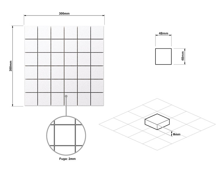 Mosaikfliese Maße: Matte 300 mal 300 Millimeter, Stein 48 mal 48 Millimeter, Stärke 8 Millimeter, Fuge 2 Millimeter.