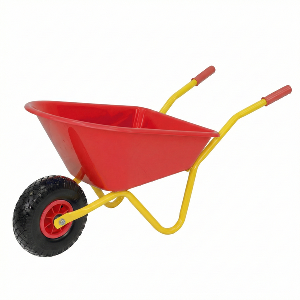 Kinder-Schubkarre in Rot und Gelb mit einem schwarzen Rad und Griffen für den Garten.