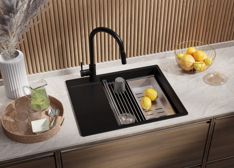 PRIMAGRAN Granitspüle Schwarz 62x50cm, Spülbecken 1 Becken + Küchenarmatur 32x20cm + Ablauf-Set + Aufrollbare Abtropffläche, Küchenspüle ab 50er Unterschrank - San Francisco