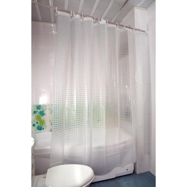 Transparenter Duschvorhang mit quadratischer Prägung, montiert an einer Duschstange im Badezimmer.
