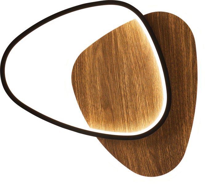 LED Deckenleuchte mit organischen Formen, Holzoptik und schwarzem Rahmen.