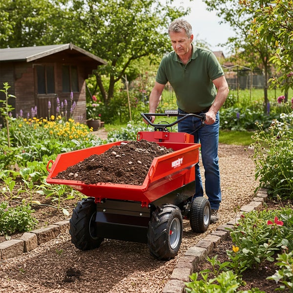 Ein Mann bedient einen roten Motordumper mit Erde auf einem Gartenweg. Im Hintergrund sind ein Gartenhaus und bepflanzte Beete zu sehen.