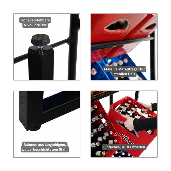 Detailansichten eines Getränkekistenregals mit höhenverstellbaren Füßen, stabilem Metallträger, Rahmen aus pulverbeschichtetem Stahl und einfacher Be- und Entladung