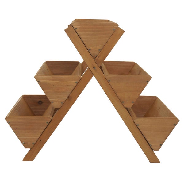 Dreieckiges Pflanzenregal aus Holz mit fünf quadratischen Pflanzkästen für Garten oder Balkon.