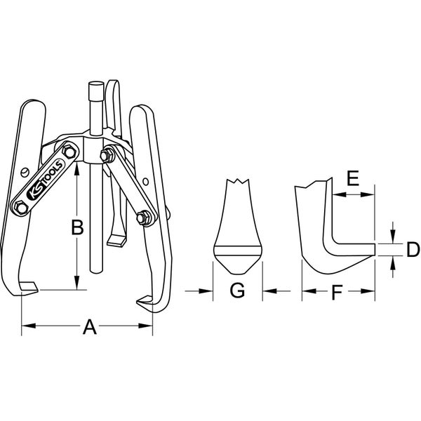 Technische Zeichnung eines Abziehers mit den Bemaßungen A, B, D, E, F und G, KSTOOLS Logo