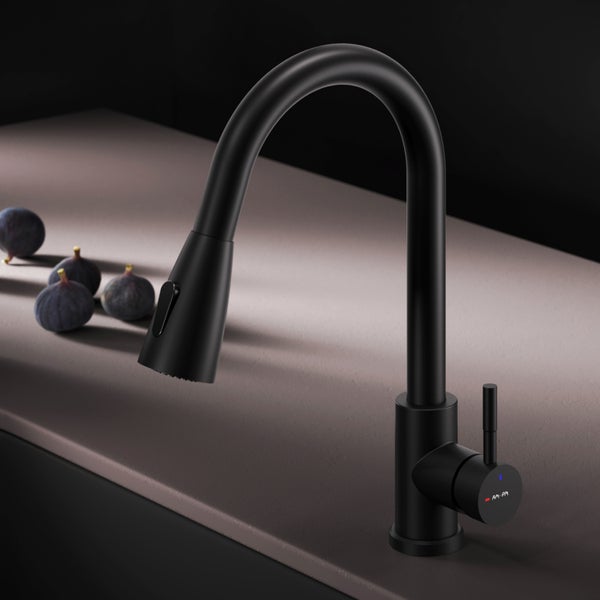 Schwarzer Küchenarmatur mit schwenkbarem Auslauf und AM PM Logo