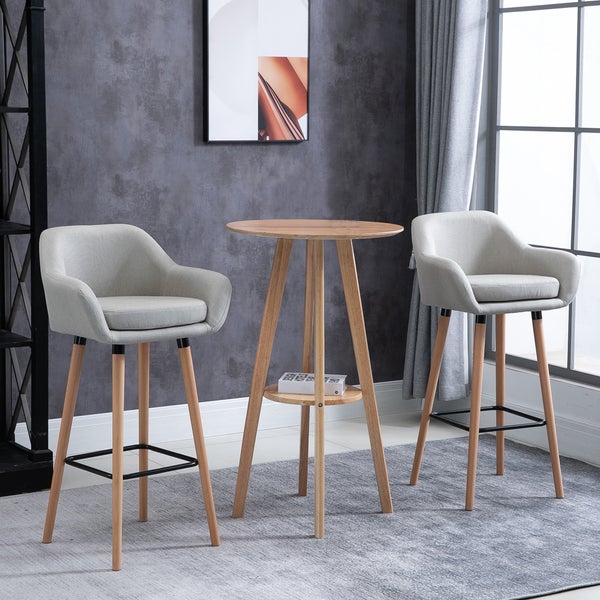 HOMCOM Barhocker 2er Set, Barstuhl mit Sitzkissen, Holzbeine, Rückenlehne und Armlehnen, Küchenstühle mit Fußstütze aus Holz, Tresenhocker für Küche, Wohnzimmer, Esszimmer, Leinenoptik, Beige