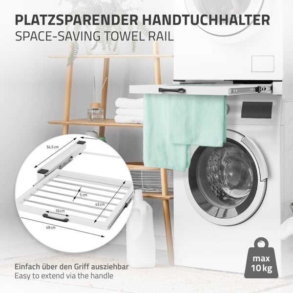 ML-Design Zwischenbaurahmen mit Wäscheleine, Stahl 60,5x54,5cm Weiß, Waschmaschine/Trockner Verbindungsrahmen, Zwischenbausatz mit ausziehbarer Handtuchhalter, Zwischenrahmen Universal, Trocknersäule