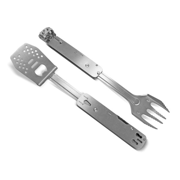 Grill-Multitool aus Edelstahl bestehend aus Pfannenwender mit Flaschenöffner und Grillgabel.