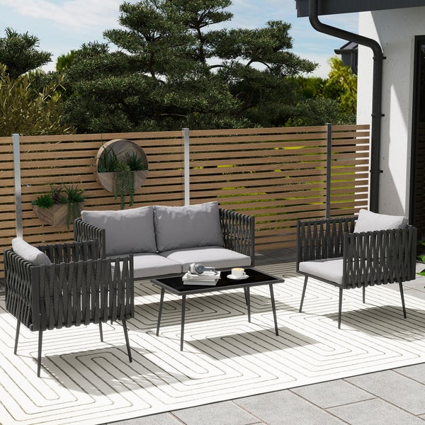 Outsunny Gartenmöbel Set 4 Personen wetterfest Balkonmöbel-Set mit 2er Sofa, Sessel Glastisch Sitzkissen Outdoor Sitzgruppe Gartengarnitur Gartenlounge für Garten Balkon Hellgrau
