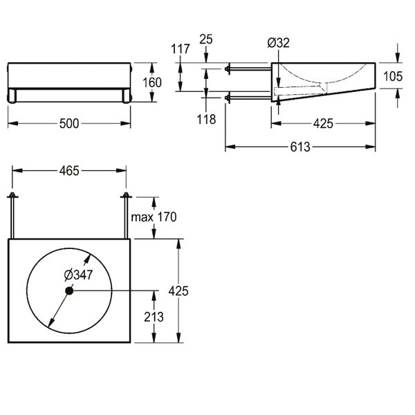 Technische Zeichnung mit Maßangaben für ein quadratisches Waschbecken mit Wandmontage.