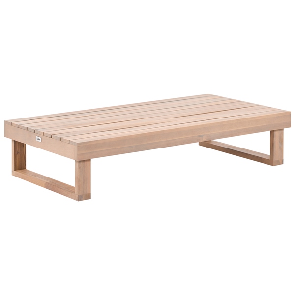 Niedriger Gartenloungetisch aus Akazienholz mit Lamellenoberfläche und Belani Logo.
