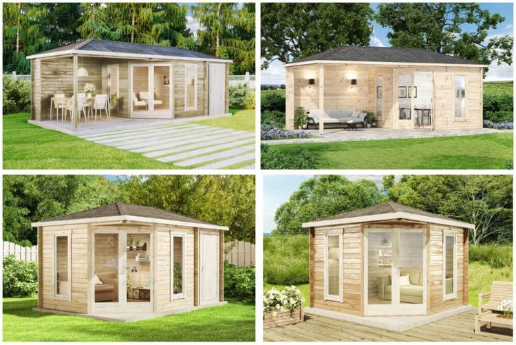 Mehrere Ansichten eines Holz Gartenhauses mit Fenstern und Türen