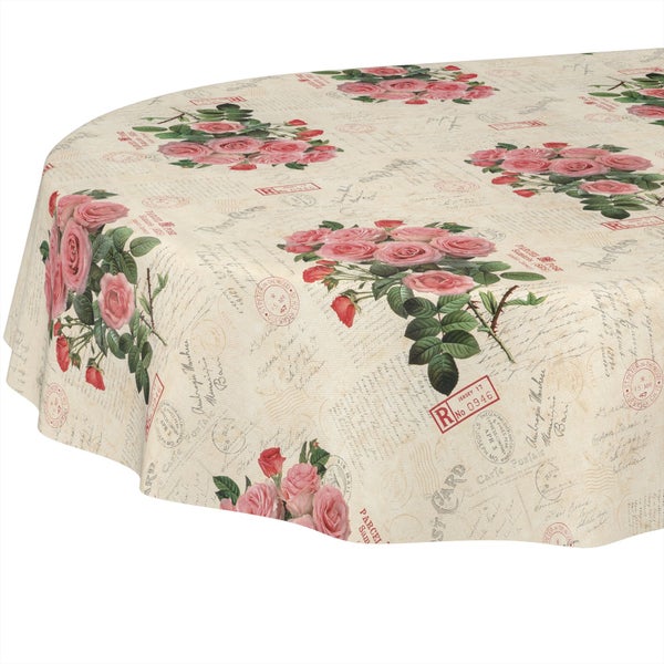 Runde Tischdecke mit Vintage-Muster aus Rosen, handgeschriebenem Text und Poststempeln.