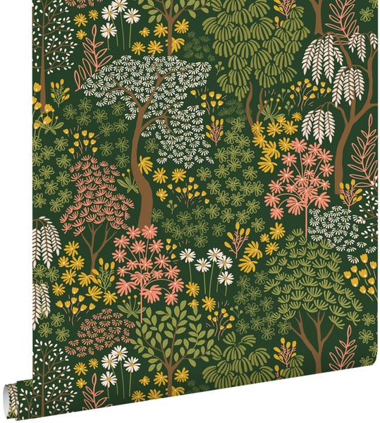 ESTAhome Tapete Bäumen und Blumen Grün, Rosa und Gelb - 50 x 900 cm - 131189