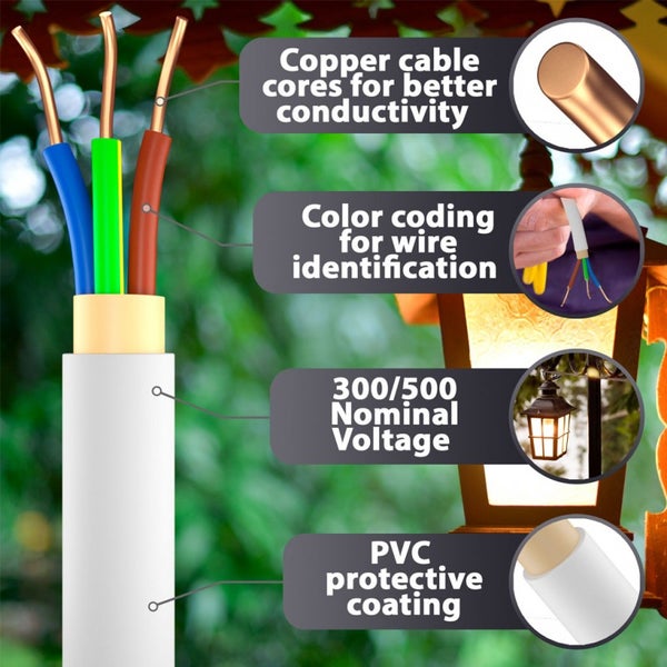 Dreiadriges Kabel mit Kupferleitern, farbcodierten Adern, 300/500 Volt Nennspannung und weißem Schutzmantel aus Polyvinylchlorid.